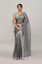 Lavender and green double border white body tissue saree-dark shade