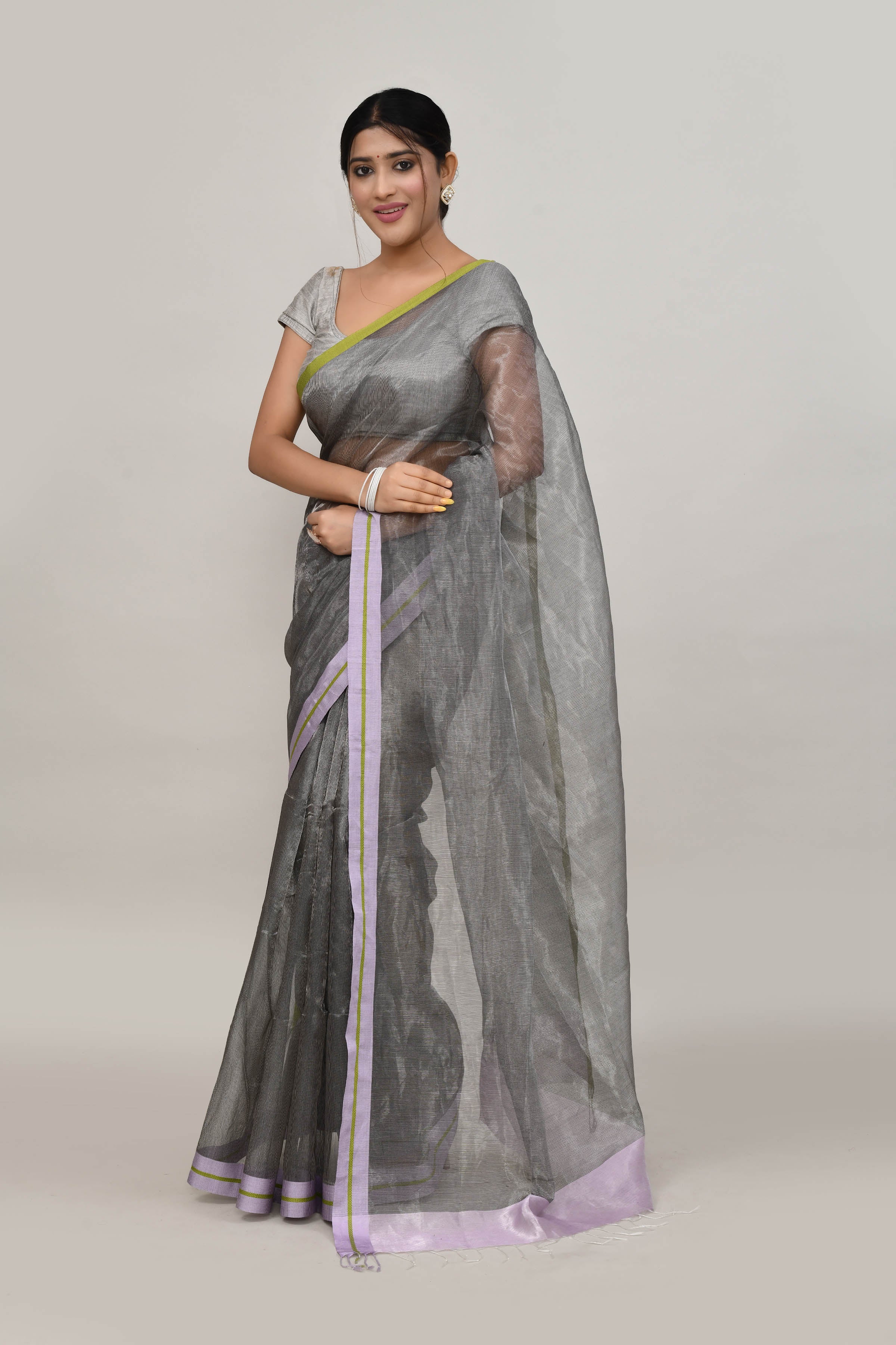 Lavender and green double border white body tissue saree-dark shade