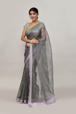 Lavender and green double border white body tissue saree-dark shade