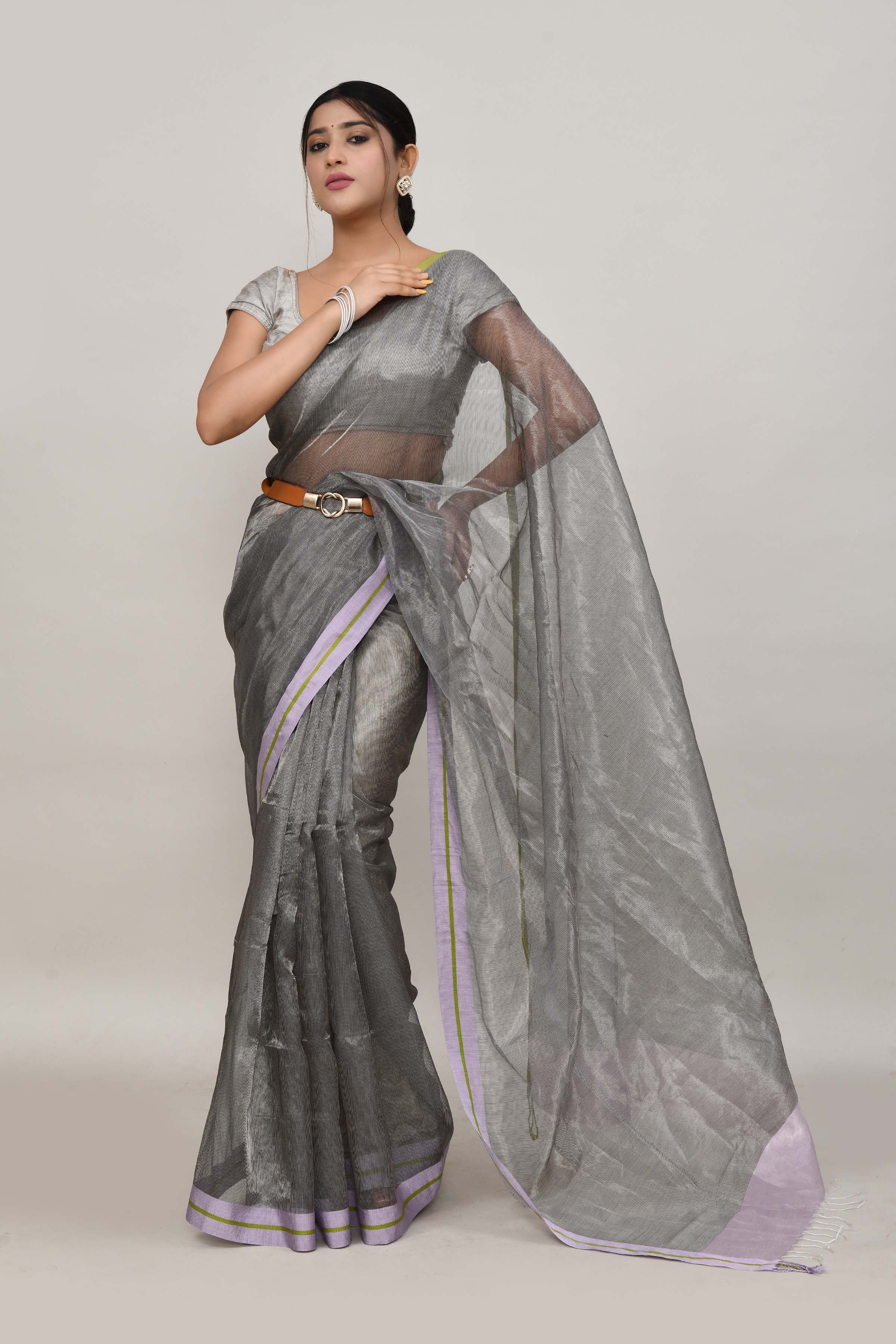 Lavender and green double border white body tissue saree-dark shade