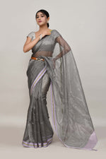 Lavender and green double border white body tissue saree-dark shade