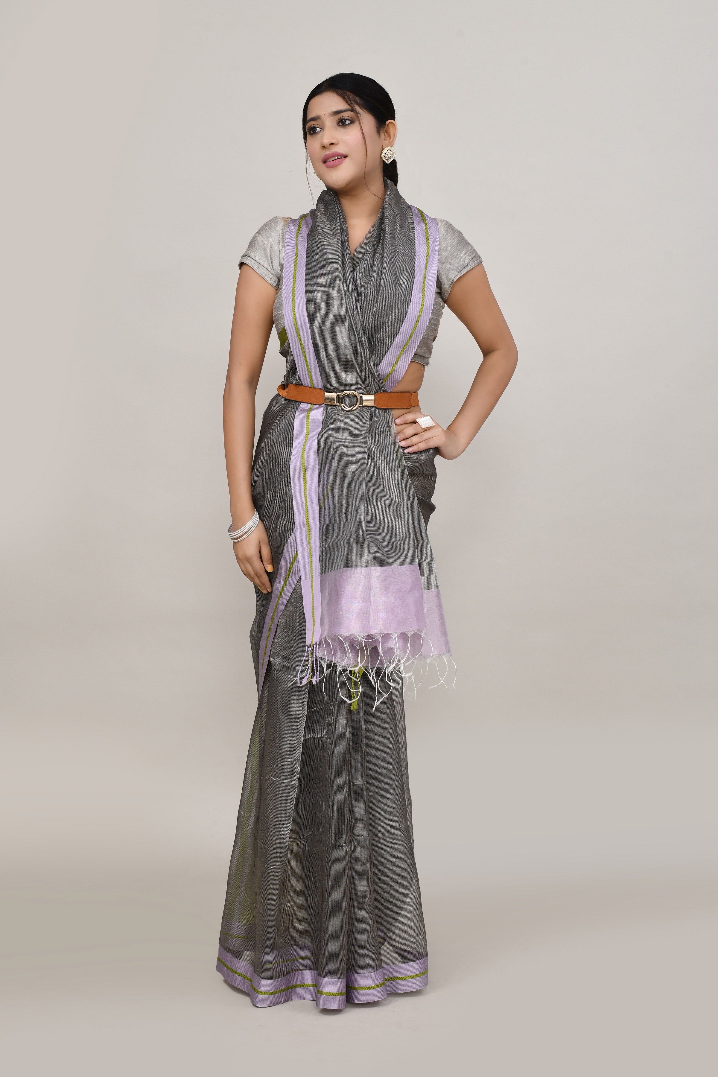 Lavender and green double border white body tissue saree-dark shade