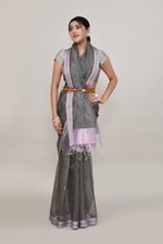 Lavender and green double border white body tissue saree-dark shade