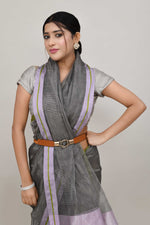 Lavender and green double border white body tissue saree-dark shade
