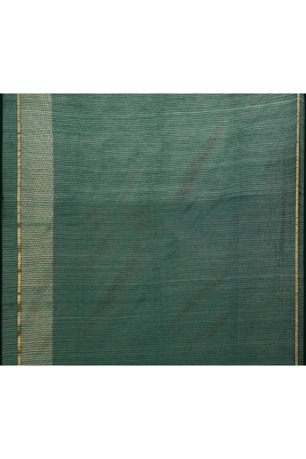 Bottle green cotton silk handwoven saree with self stripes and gold pallu