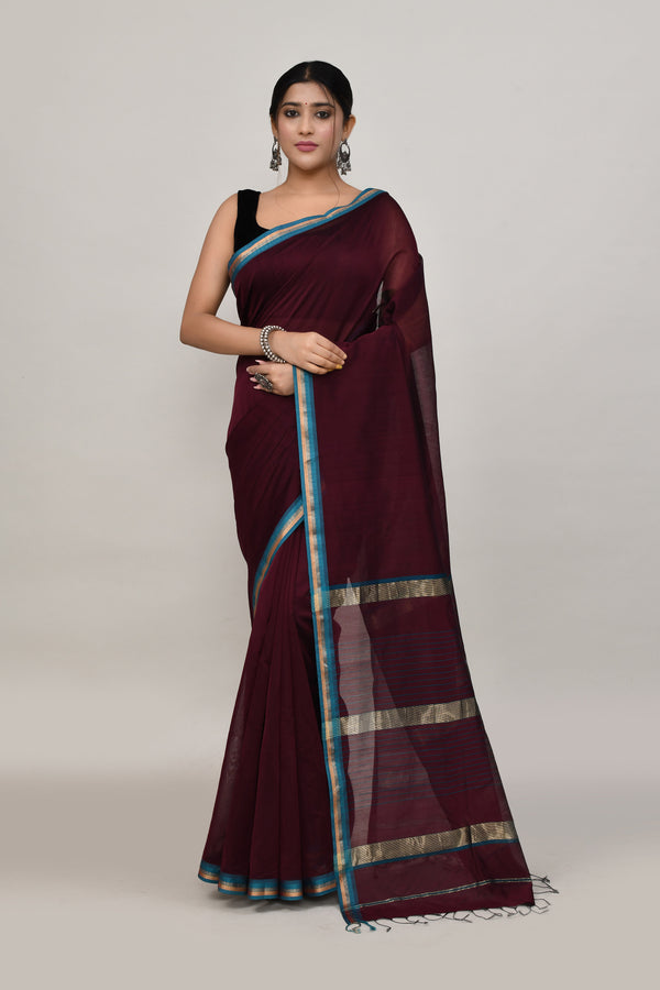 Coffee brown cotton silk hand woven saree with teal blue and golden border