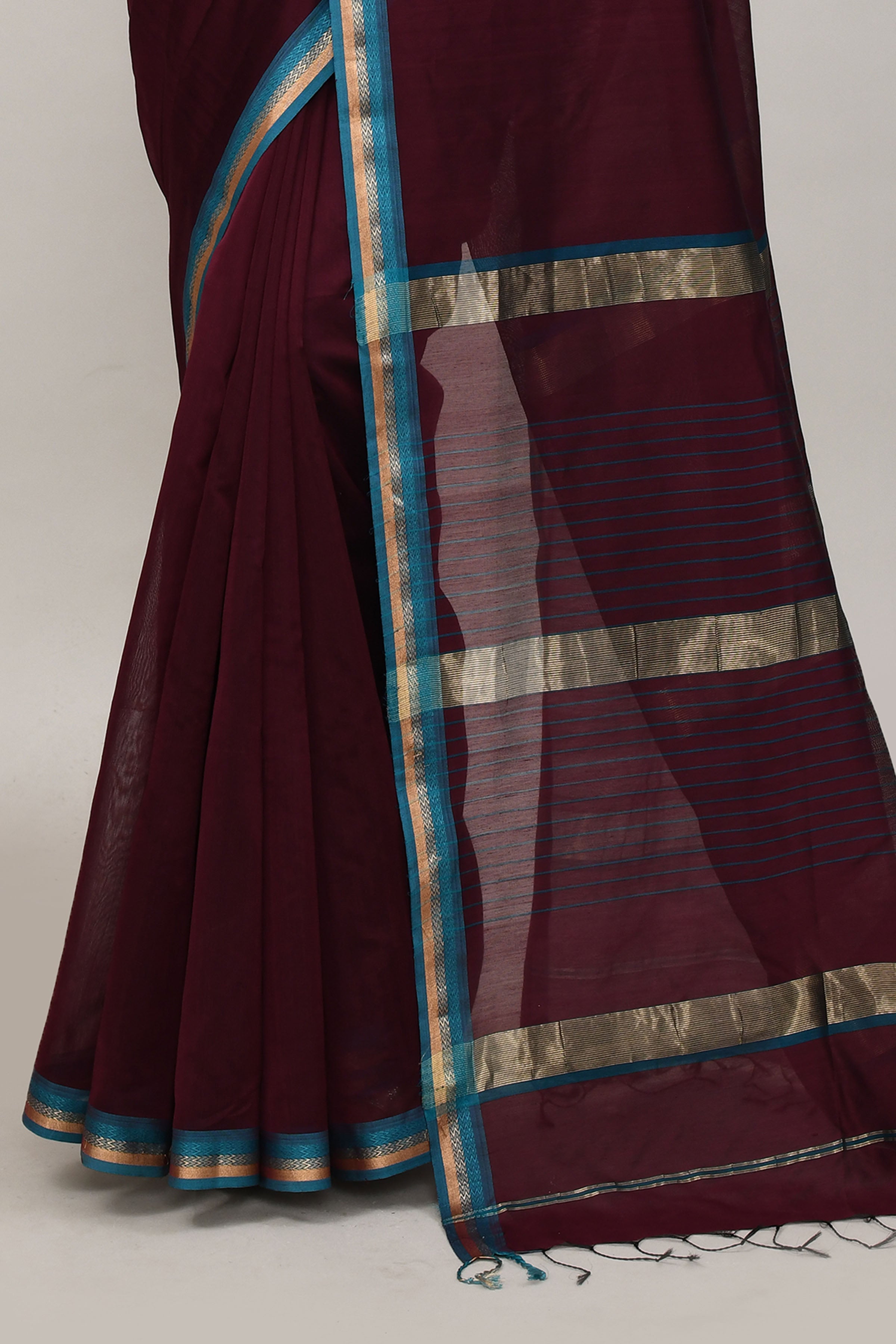 Coffee brown cotton silk hand woven saree with teal blue and golden border