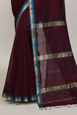 Coffee brown cotton silk hand woven saree with teal blue and golden border