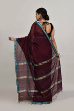Coffee brown cotton silk hand woven saree with teal blue and golden border