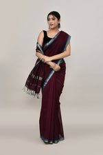 Coffee brown cotton silk hand woven saree with teal blue and golden border