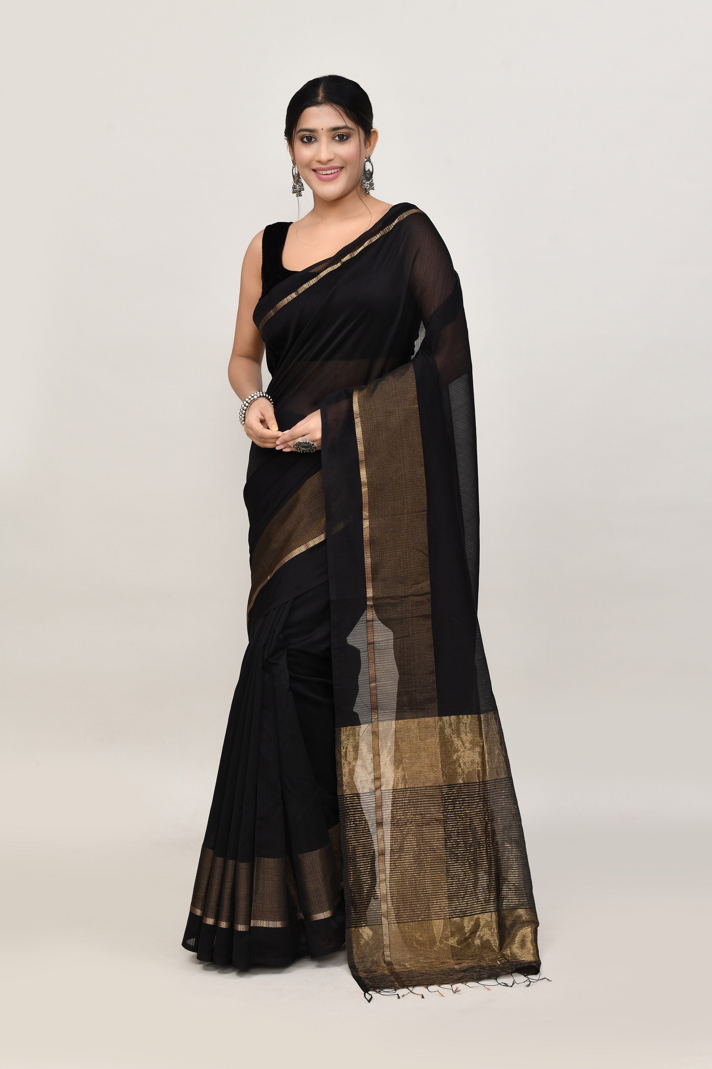 Black cotton silk handwoven saree with self stripes and gold pallu