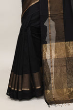 Black cotton silk handwoven saree with self stripes and gold pallu