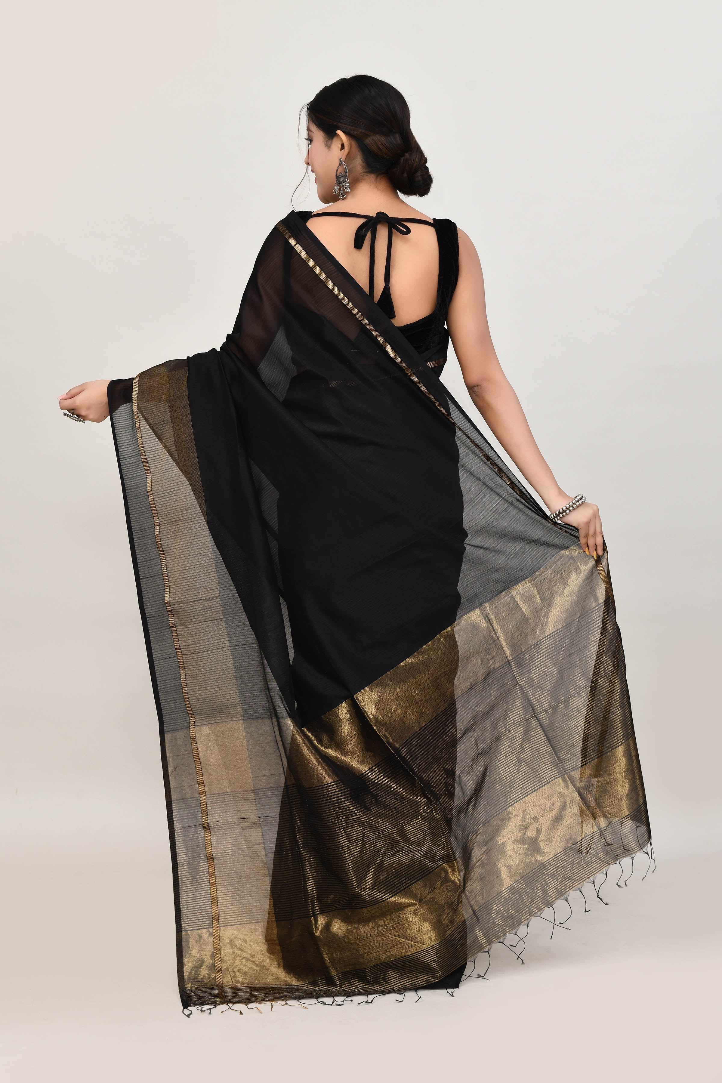 Black cotton silk handwoven saree with self stripes and gold pallu