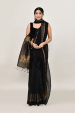 Black cotton silk handwoven saree with self stripes and gold pallu
