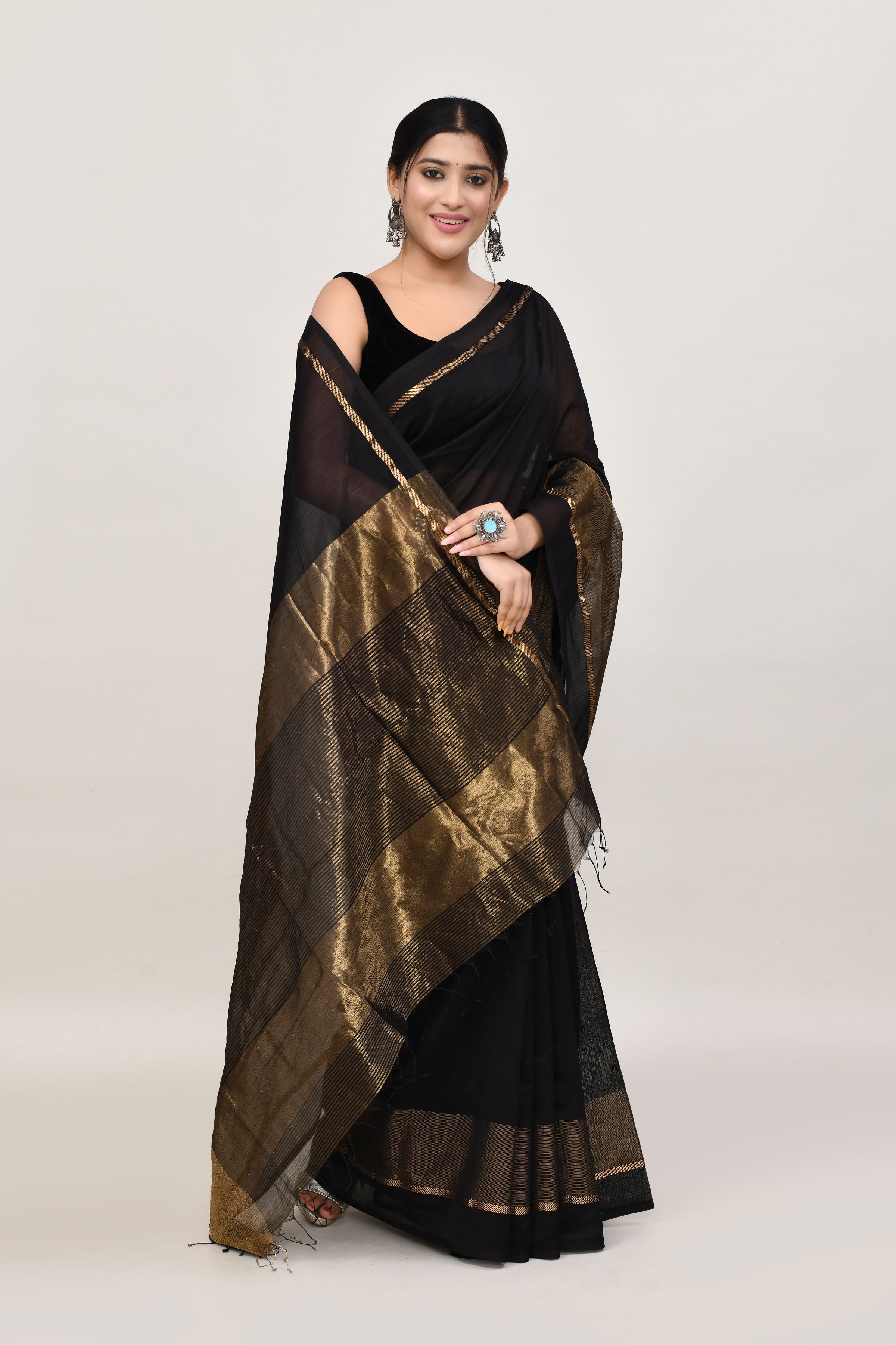 Black cotton silk handwoven saree with self stripes and gold pallu