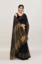 Black cotton silk handwoven saree with self stripes and gold pallu