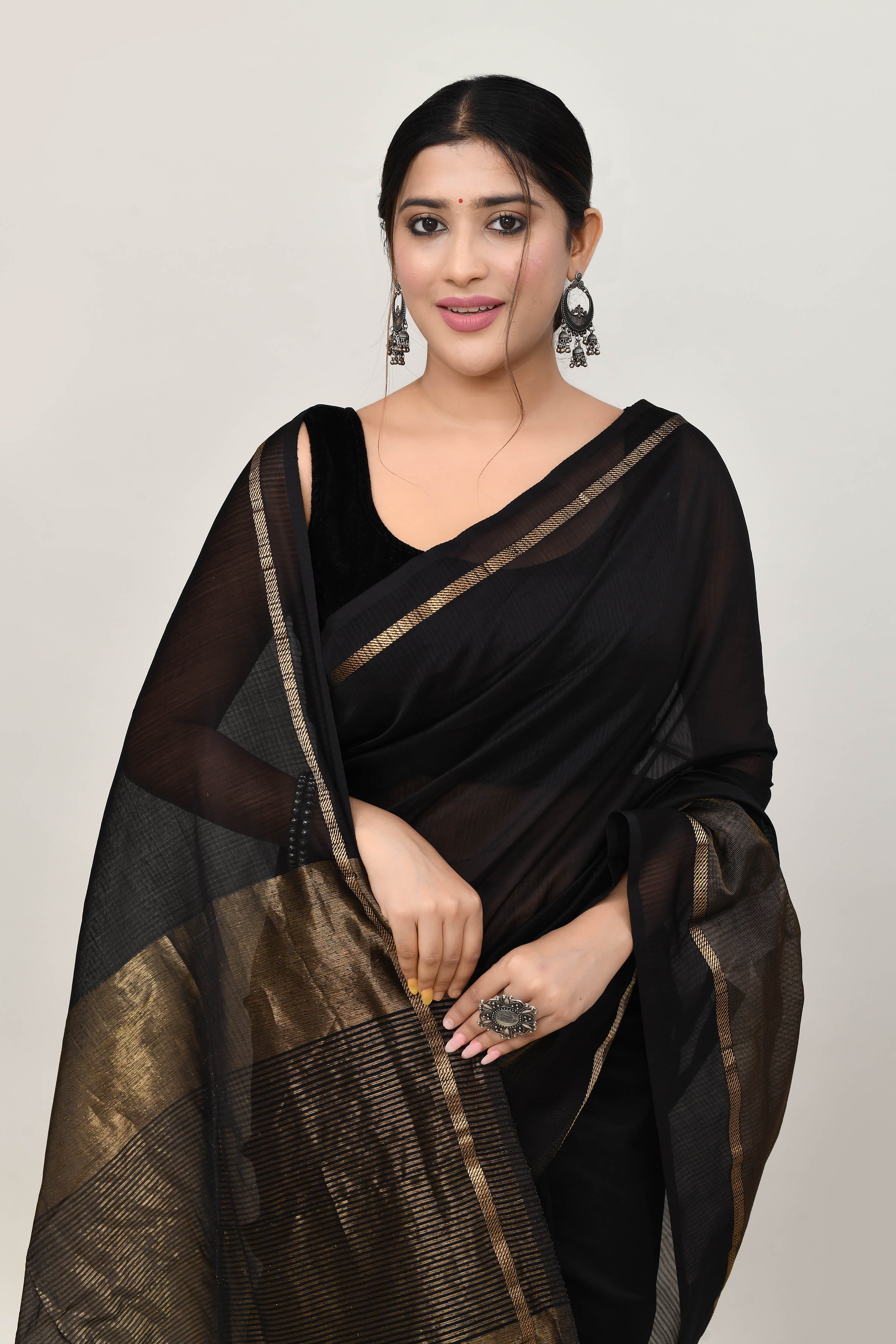 Black cotton silk handwoven saree with self stripes and gold pallu