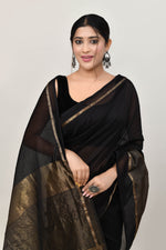 Black cotton silk handwoven saree with self stripes and gold pallu