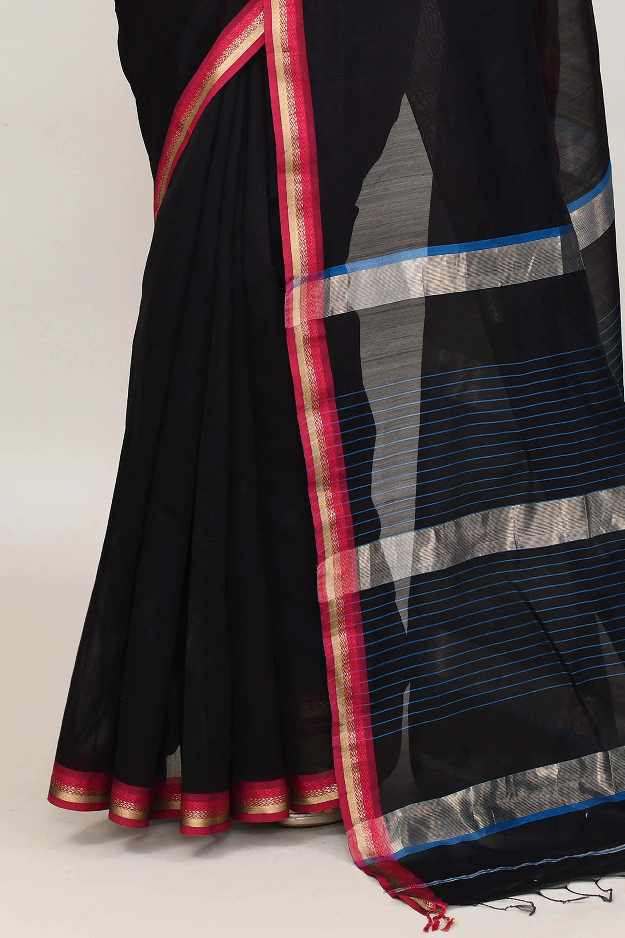 Black cotton silk hand woven saree with dark pink and golden border