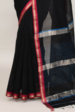 Black cotton silk hand woven saree with dark pink and golden border