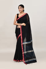 Black cotton silk hand woven saree with dark pink and golden border