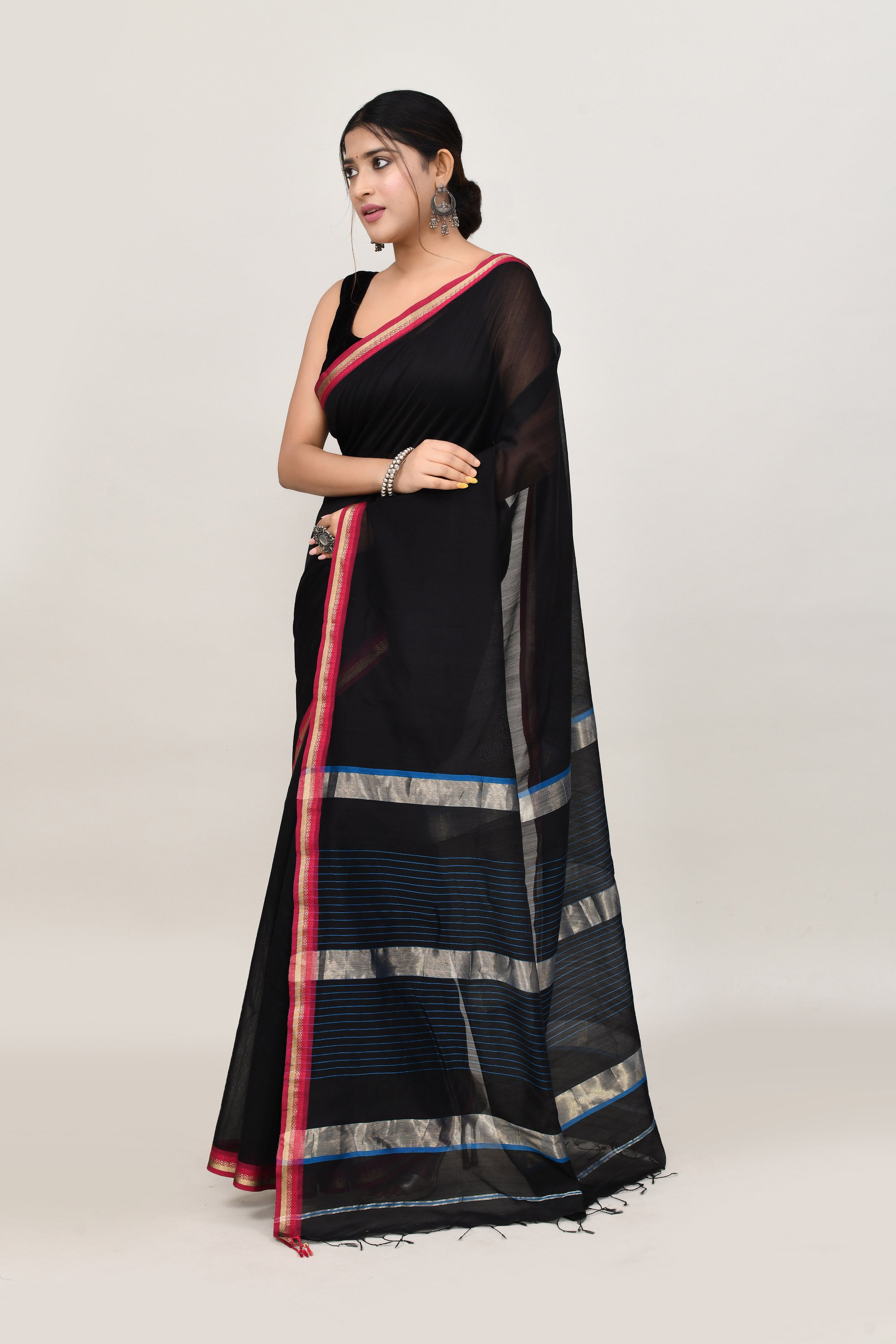 Black cotton silk hand woven saree with dark pink and golden border