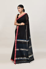 Black cotton silk hand woven saree with dark pink and golden border