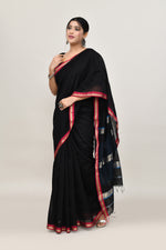 Black cotton silk hand woven saree with dark pink and golden border