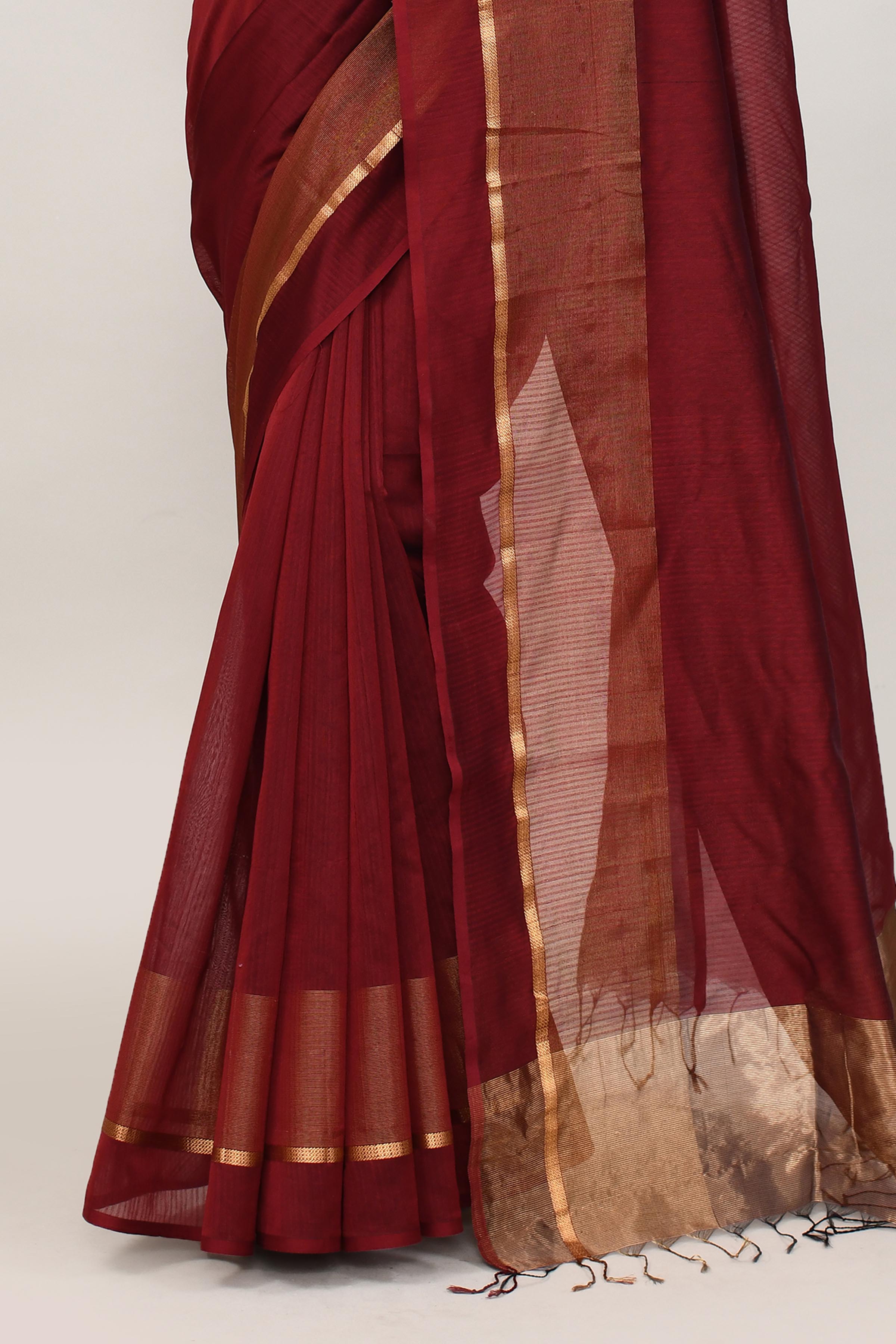Maroon cotton silk handwoven saree with self stripes and gold pallu