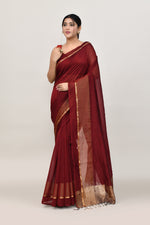 Maroon cotton silk handwoven saree with self stripes and gold pallu