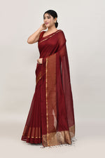 Maroon cotton silk handwoven saree with self stripes and gold pallu