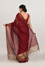Maroon cotton silk handwoven saree with self stripes and gold pallu