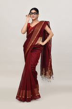 Maroon cotton silk handwoven saree with self stripes and gold pallu