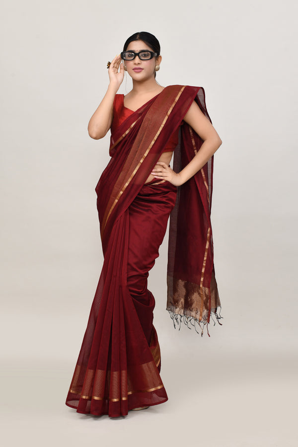 Maroon cotton silk handwoven saree with self stripes and gold pallu