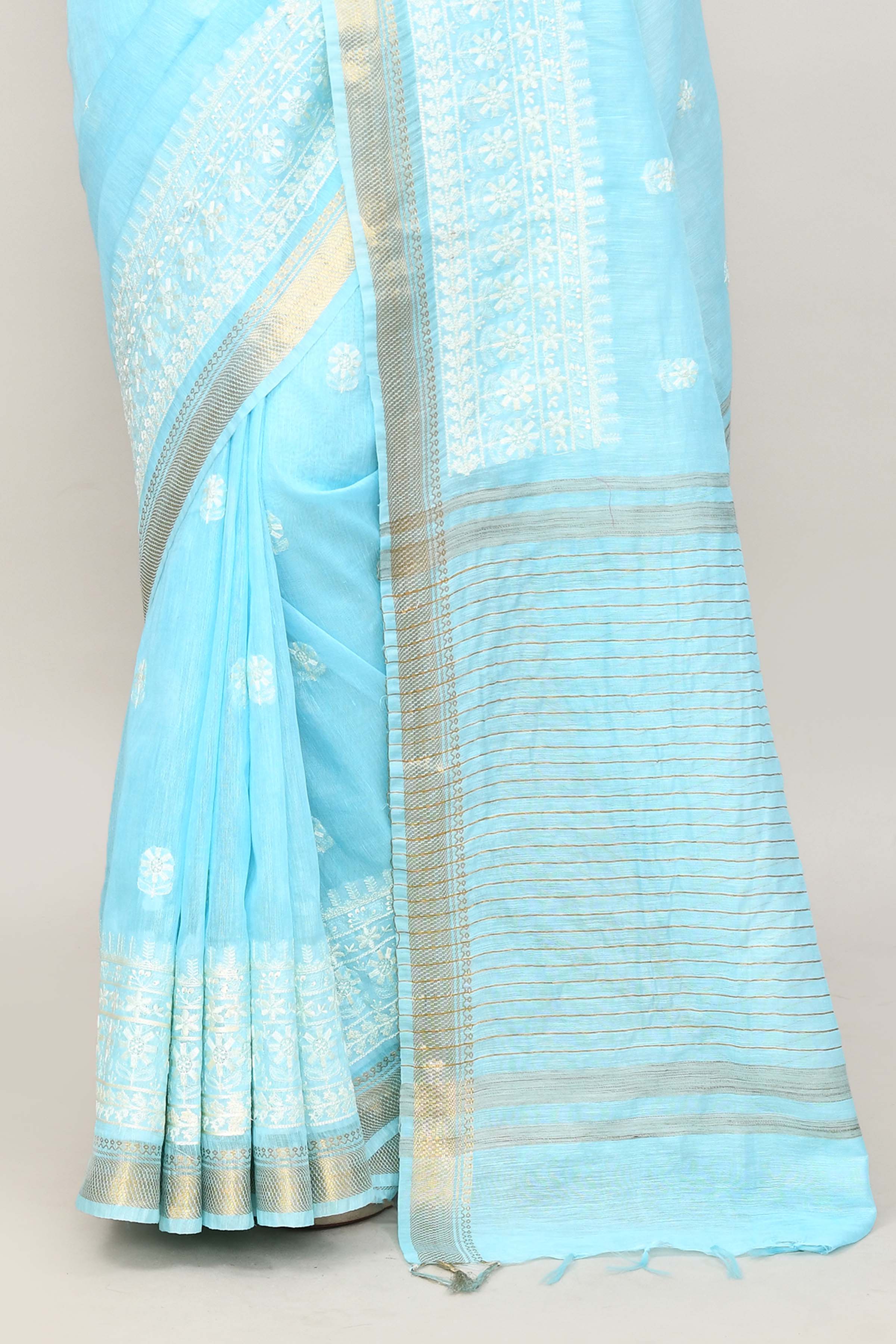 Pure handloom linen tussar saree with embroidery-sky Blue