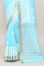 Pure handloom linen tussar saree with embroidery-sky Blue