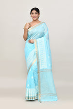 Pure handloom linen tussar saree with embroidery-sky Blue