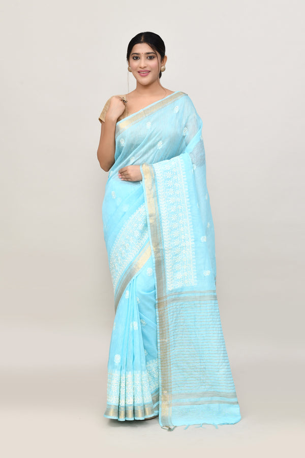 Pure handloom linen tussar saree with embroidery-sky Blue