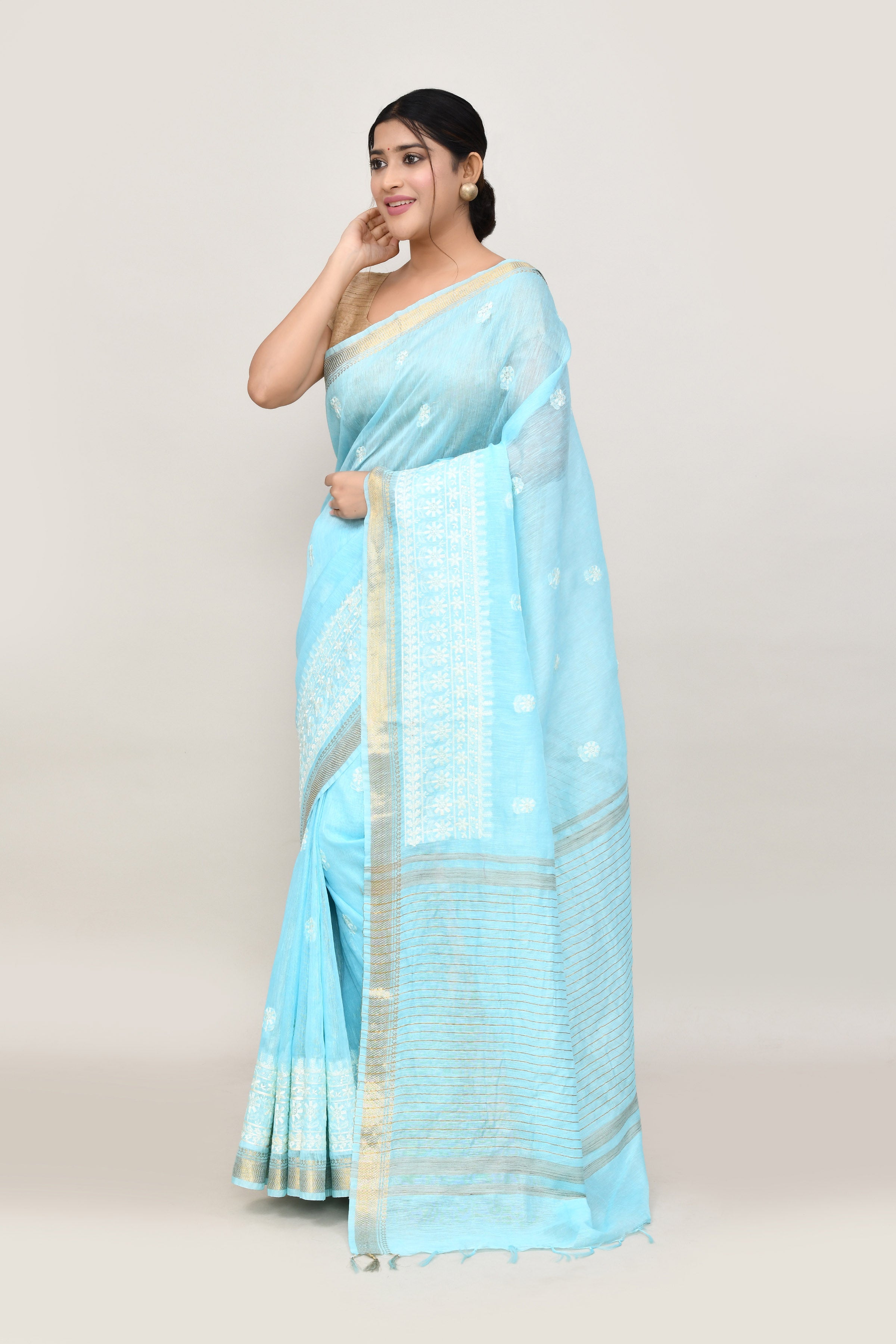 Pure handloom linen tussar saree with embroidery-sky Blue
