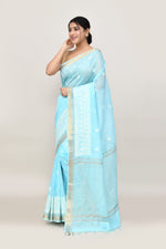 Pure handloom linen tussar saree with embroidery-sky Blue