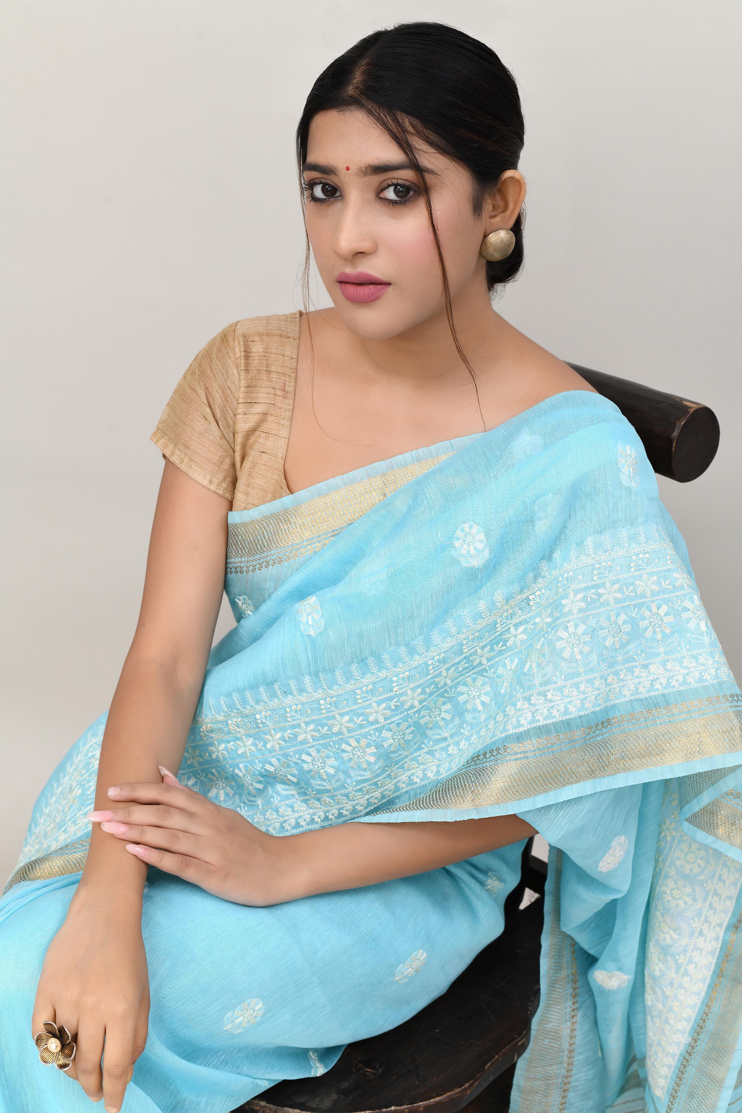 Pure handloom linen tussar saree with embroidery-sky Blue