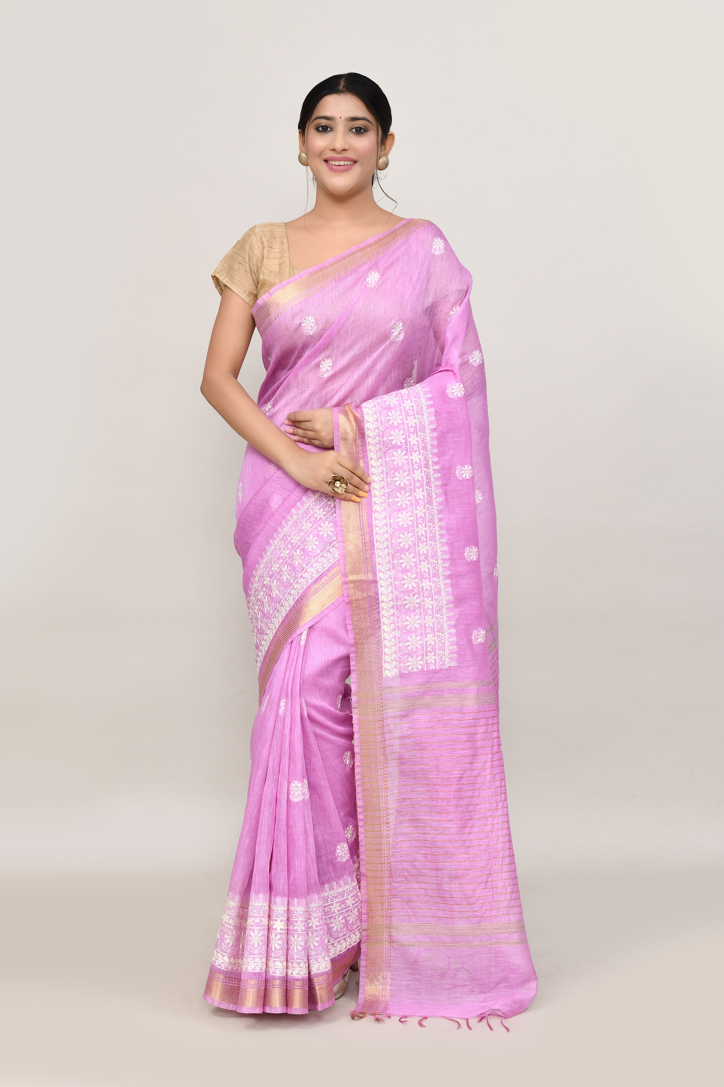 Pure handloom linen tussar saree with embroidery-Lavender