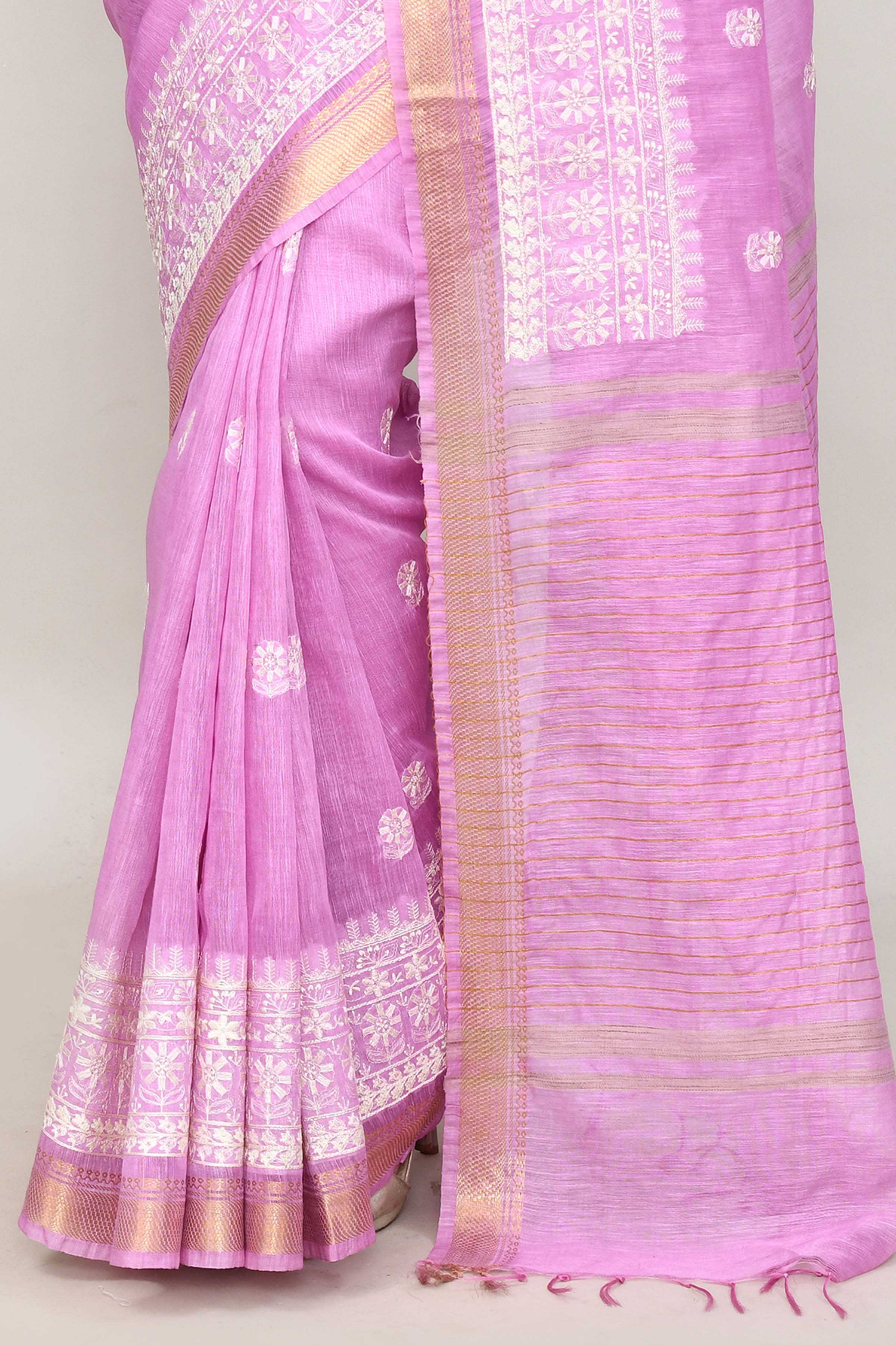 Pure handloom linen tussar saree with embroidery-Lavender