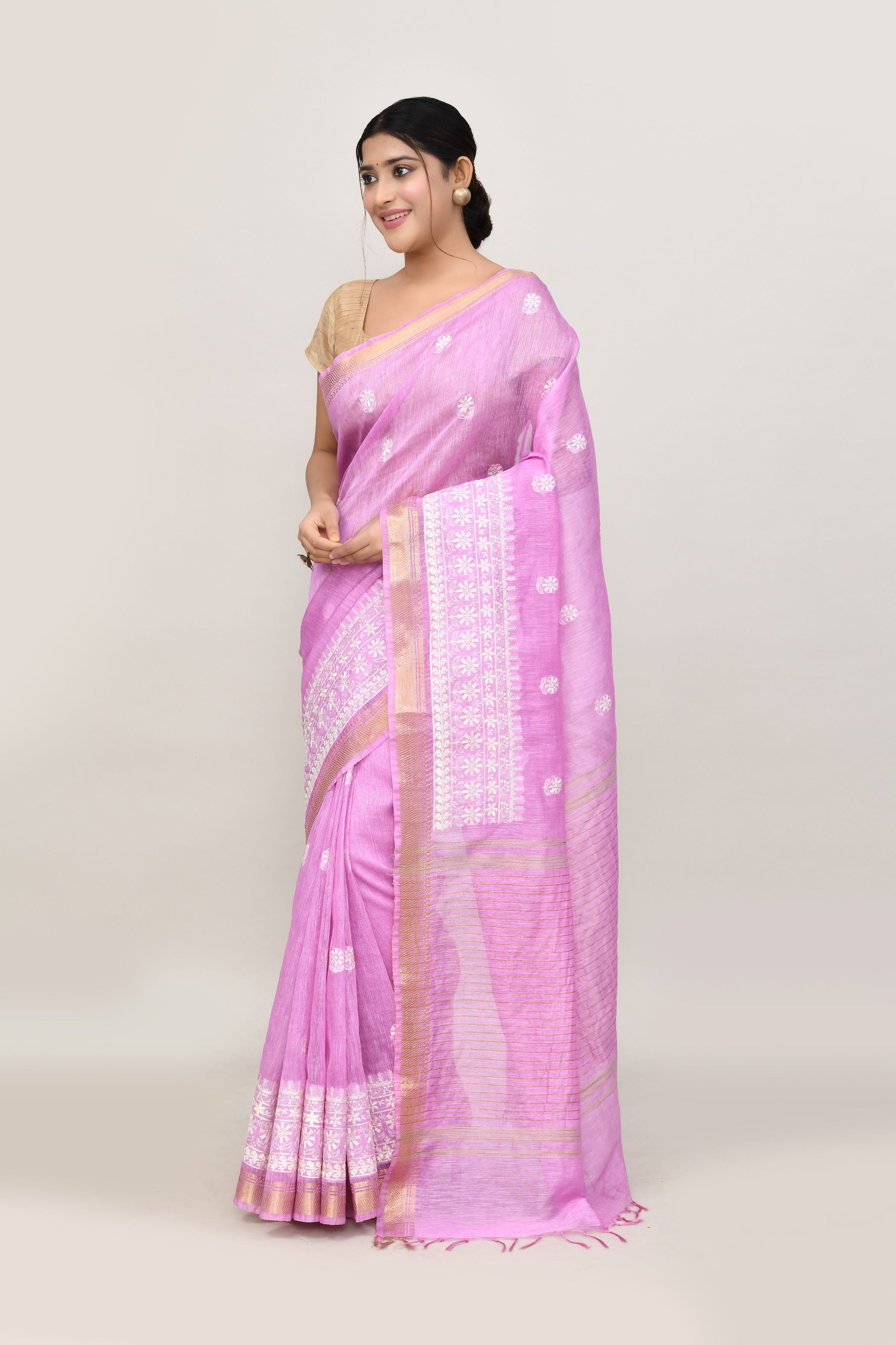 Pure handloom linen tussar saree with embroidery-Lavender