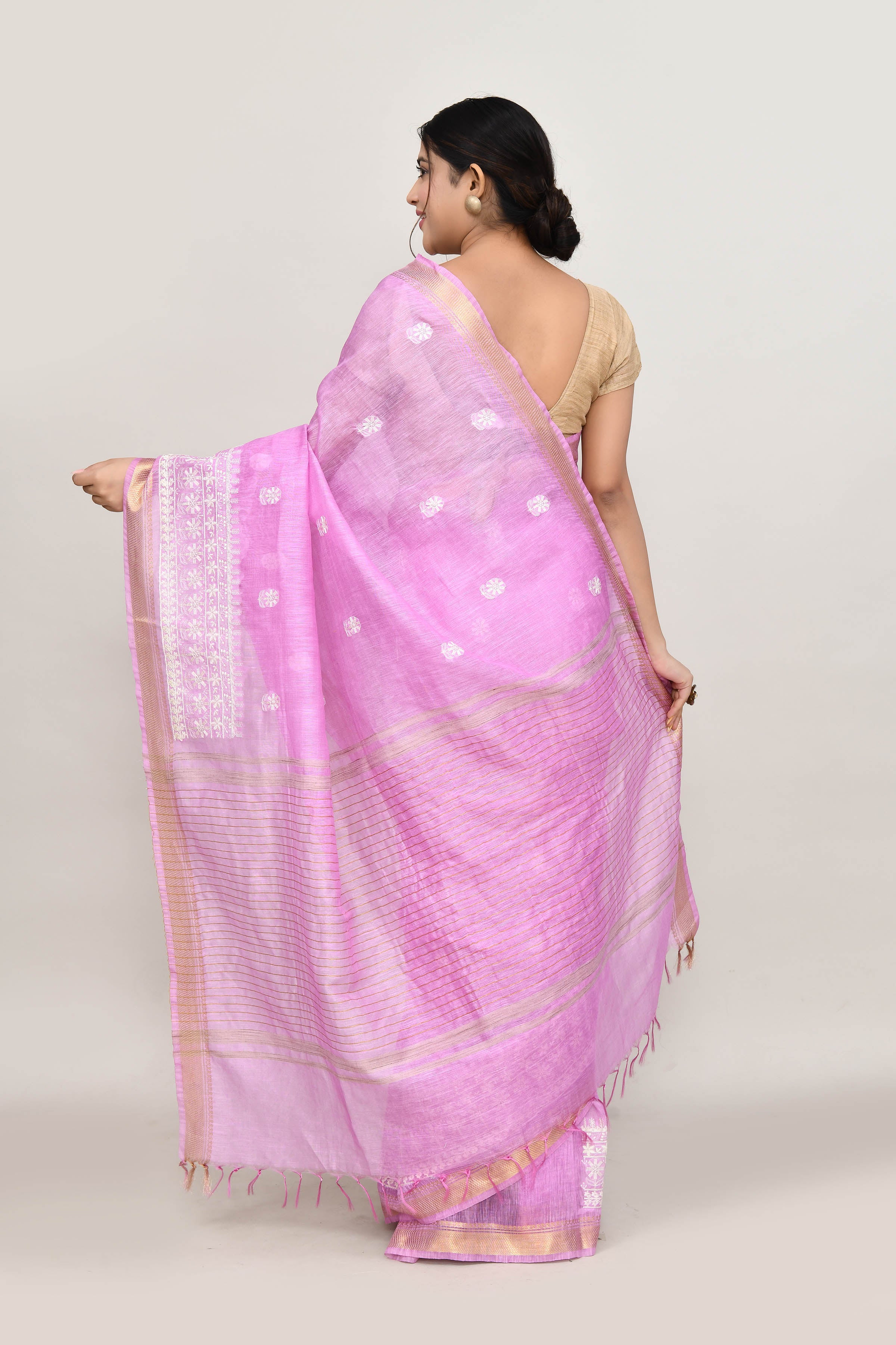 Pure handloom linen tussar saree with embroidery-Lavender