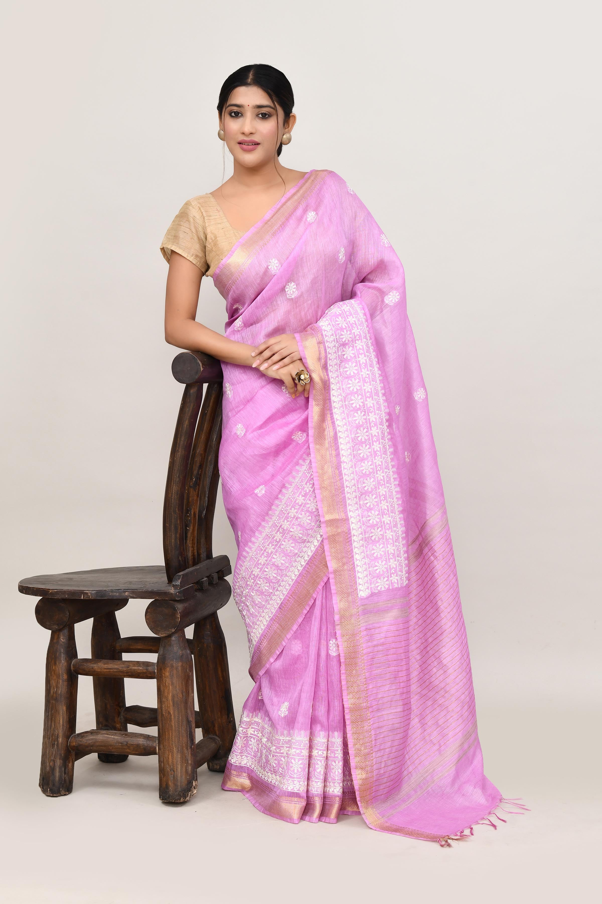 Pure handloom linen tussar saree with embroidery-Lavender