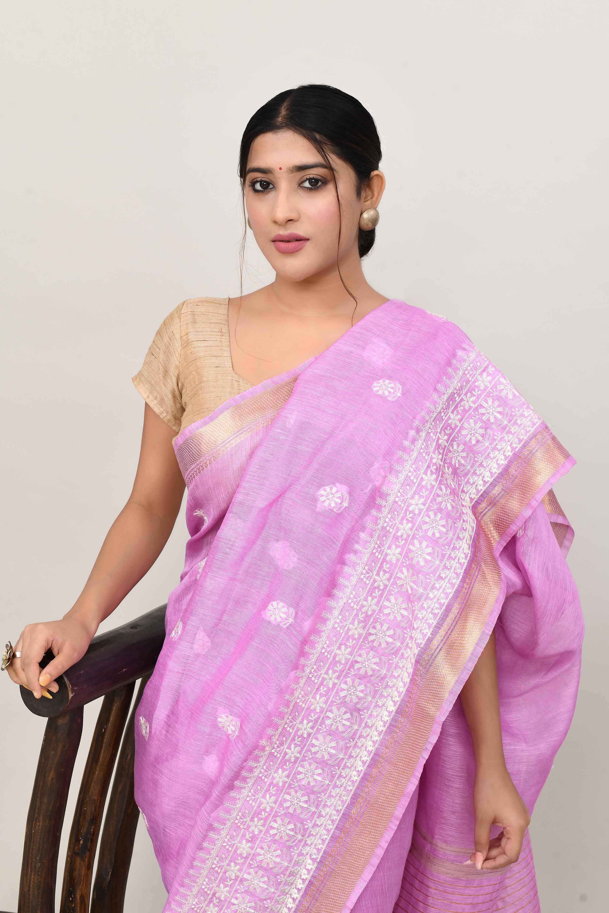 Pure handloom linen tussar saree with embroidery-Lavender