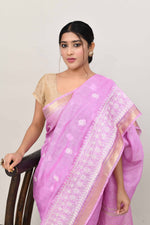 Pure handloom linen tussar saree with embroidery-Lavender