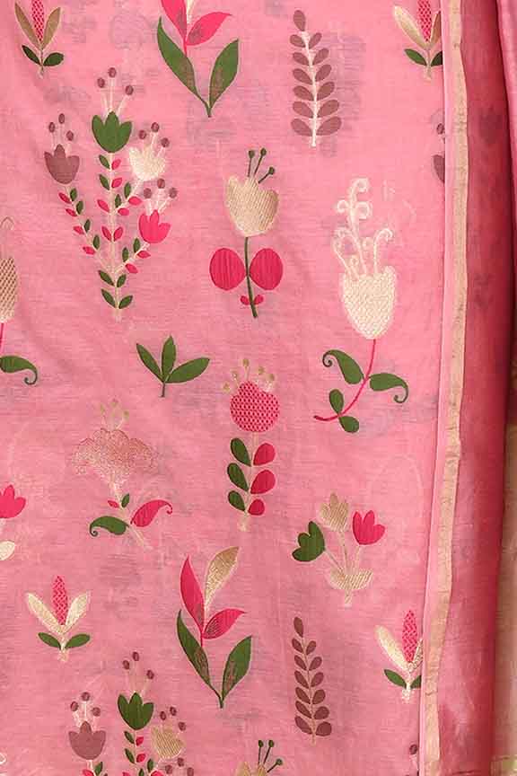 Pure handloom chanderi kurta with floral & leaf pattern multicolor meenakari weaving,matching chanderi dupatta and bottom-Onion Pink