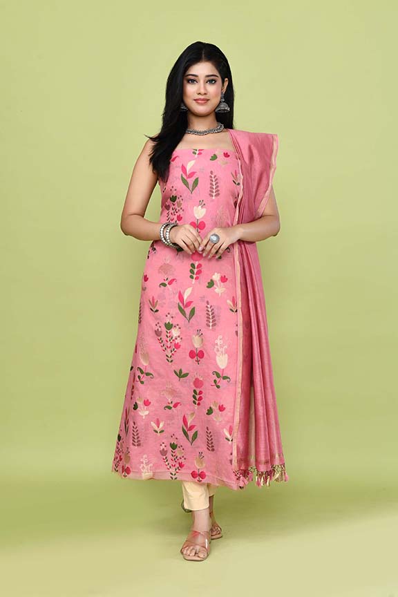 Pure handloom chanderi kurta with floral & leaf pattern multicolor meenakari weaving,matching chanderi dupatta and bottom-Onion Pink
